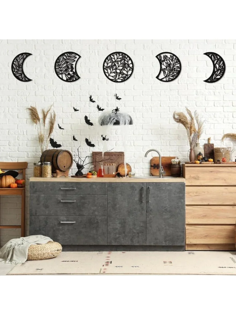 5 Pcs Moon Phase Wall Art Decor - Boho Lunar Aesthetic Wooden Hanging Decor